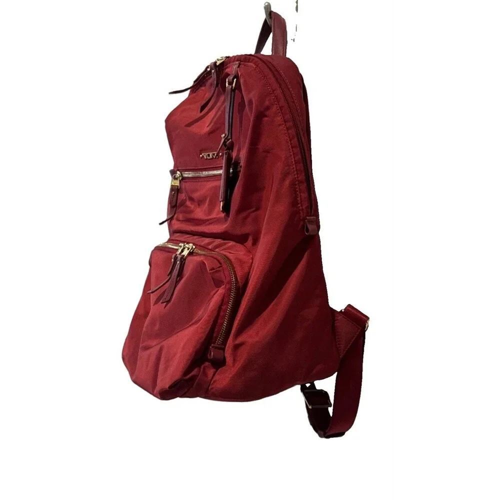 TUMI Voyageur Halle Backpack Burgundy Red Nylon Travel Laptop Bag Gold Hardware
